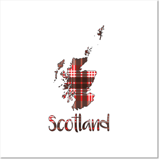 Scotland Red, Black and White Tartan Map Typography Design Posters and Art
